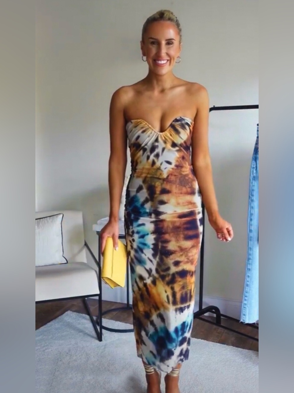 Zara Strapless Tie-Dye Bodycon Maxi Dress - Brown Blue Yellow